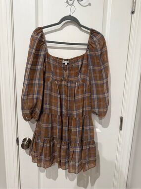 Gianni Bini Brown Plaid Smocked Square Neck Peasant Tunic